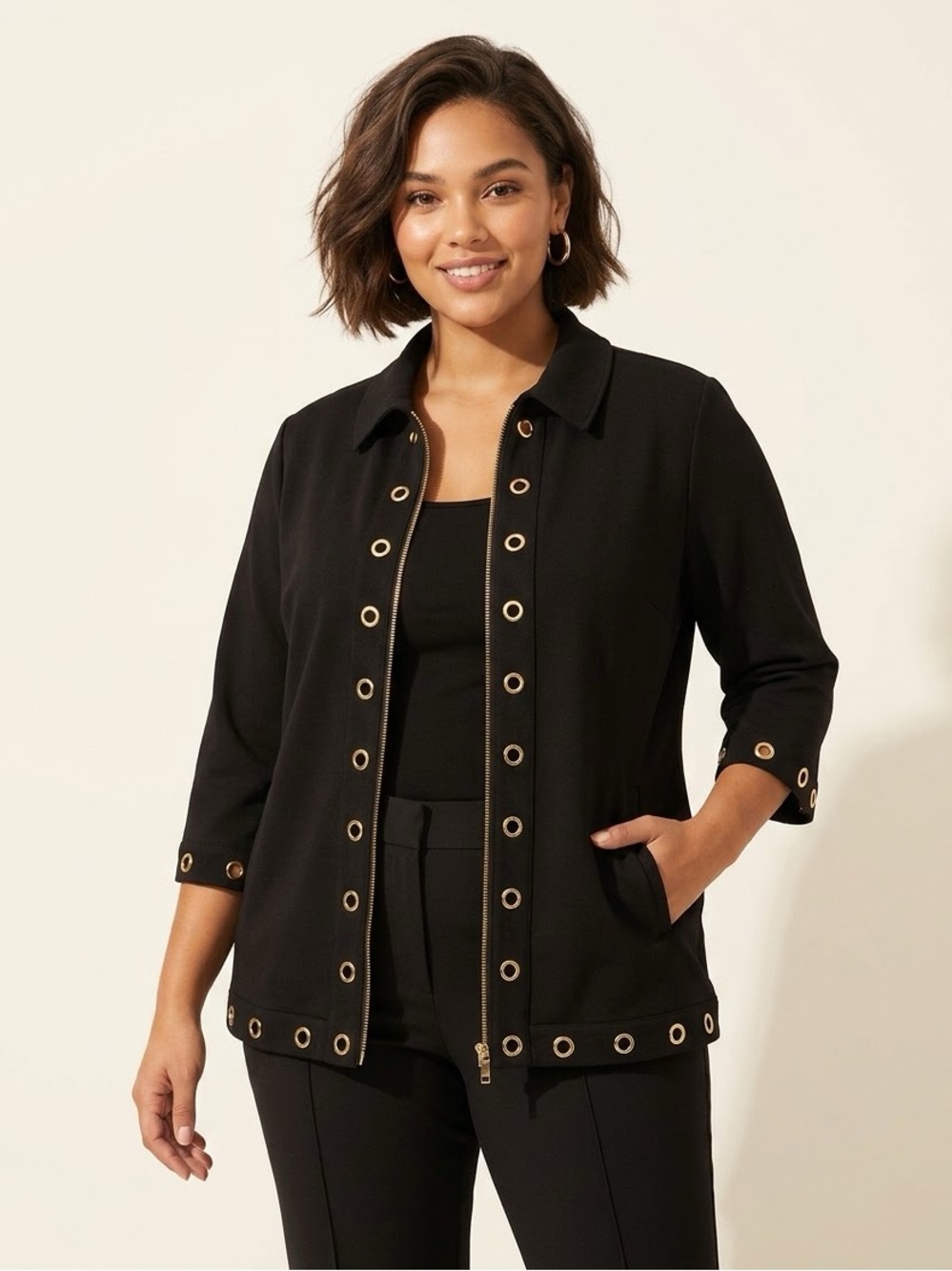 Belldini Black Three-Quarter Full ZipSleeve Jacket Gold Grommet Detail SZ 1X